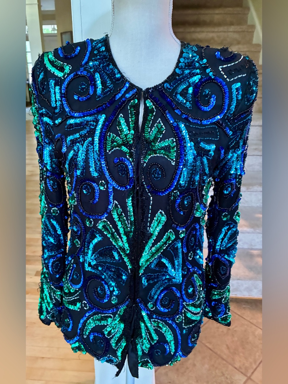 Laurence Kazar Black Blazer with Hand Embellished Blue & Green Sequin & Beading